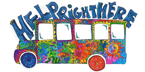Multi-colored, tie-dye bus with the words "Help Right Here" curling over the top of the bus.